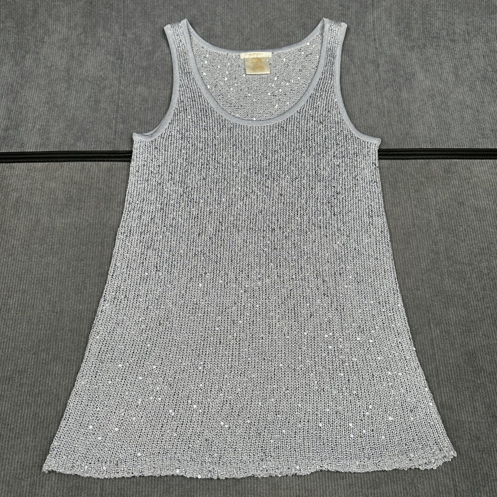 Matty M Womens Silver Sequin Metallic Knit Tank Top Sleeveless Scoop Neck S